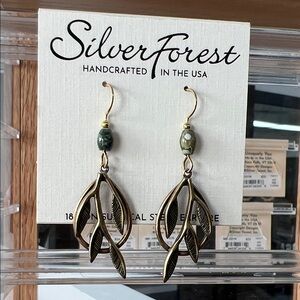 Silver Forest Gold and Green Leaf Earrings